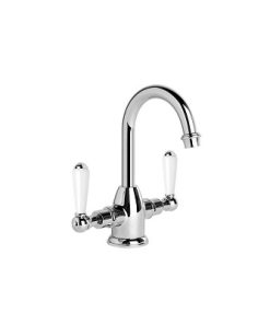 Neu England Basin Mixer with White Porcelain Lever Handles